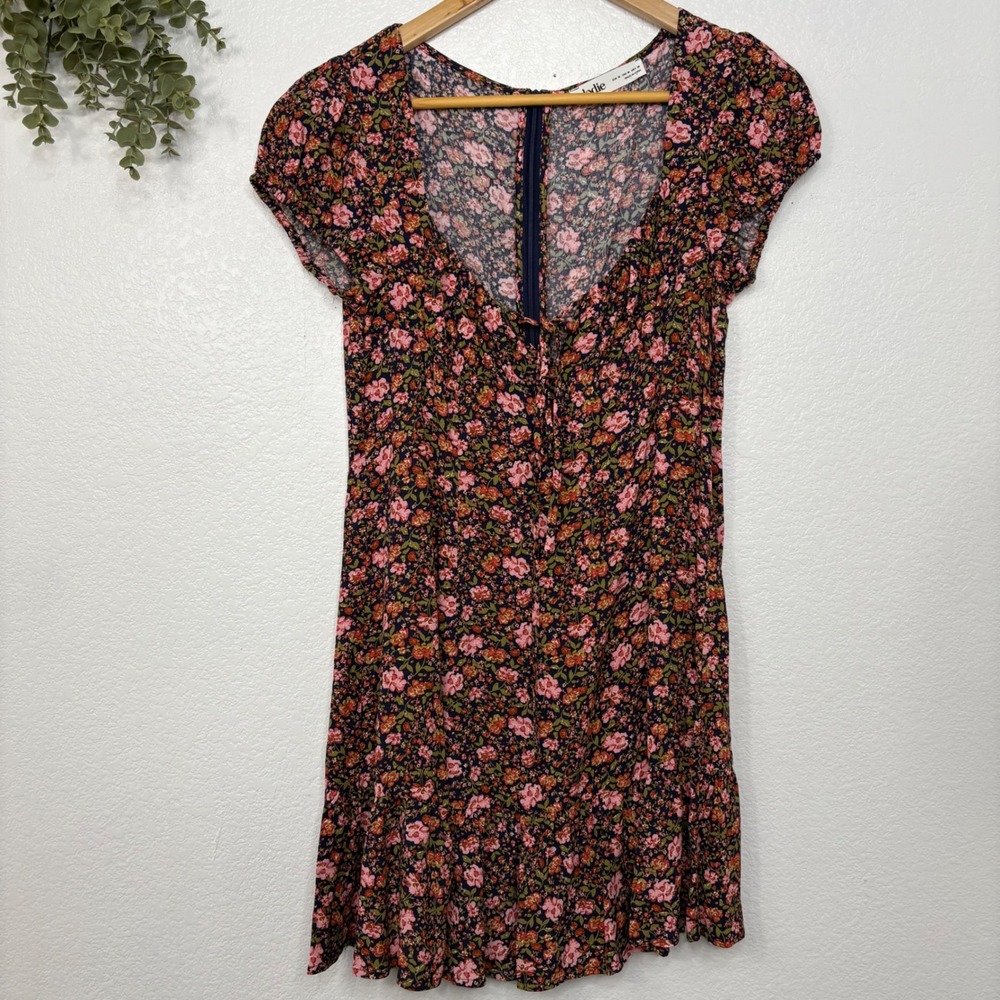 Elodie Women Floral V-Neck Mini Dress Navy Pink Boho Ruffle Hem Size M - Picture 2 of 7